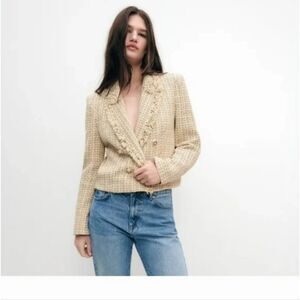 Zara Tweed Cropped Double Breasted Blazer - Yellow XL